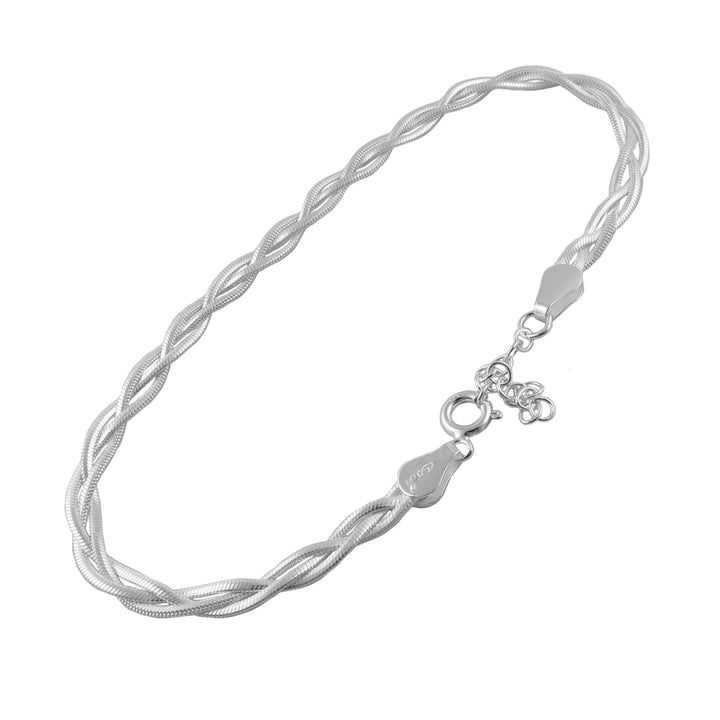 925 sterling Silver braided snake chain  bracelet with a clasp and extension chain to adjust the length on a white background