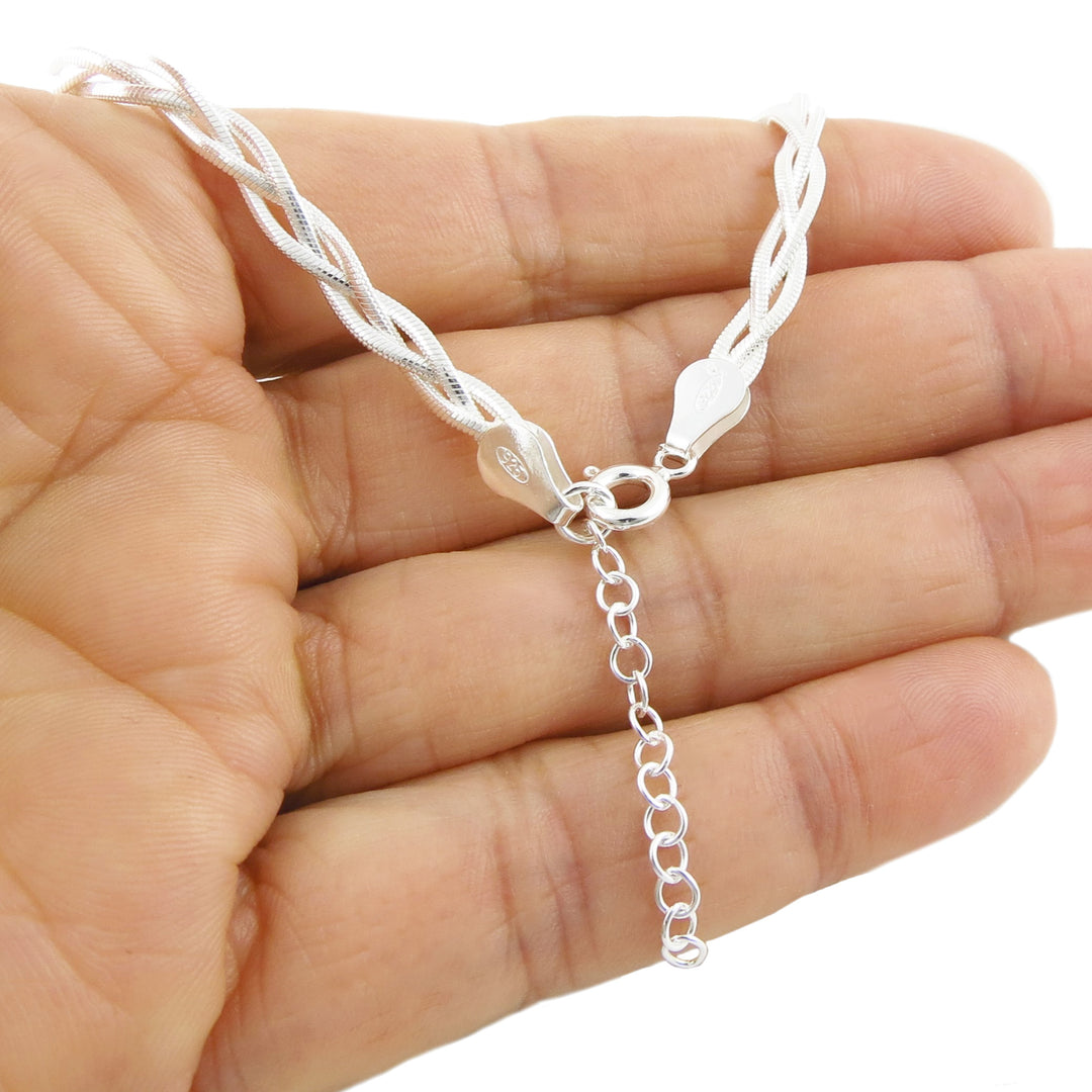 Braided Woven 925 Silver Snake Chain Adjustable Bracelet