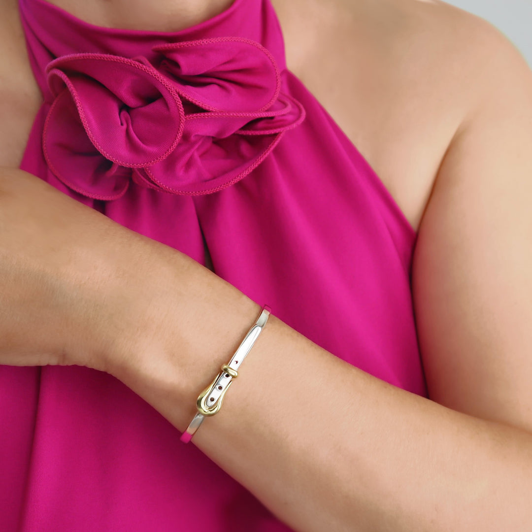 Two Tone Sterling Silver Belt Buckle Bracelet - Adjustable