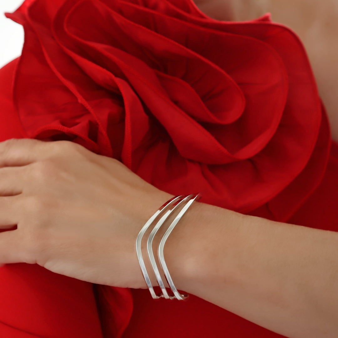 Triple Band Bracelet Cuff in Angled 925 Sterling Silver