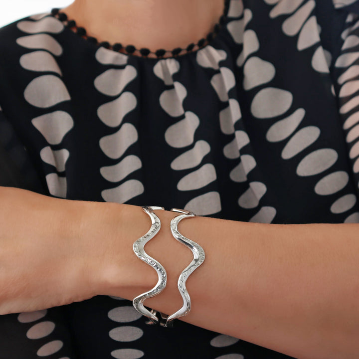 Ocean Wave Sterling 925 Silver Hammered Cuff Bracelet