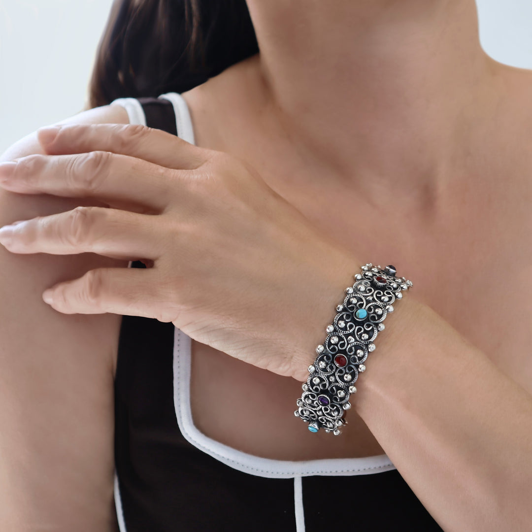 Mexican Baroque Sterling Silver Beaded Bracelet Cuff
