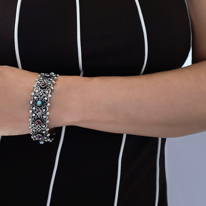 Mexican Baroque Sterling Silver Beaded Bracelet Cuff