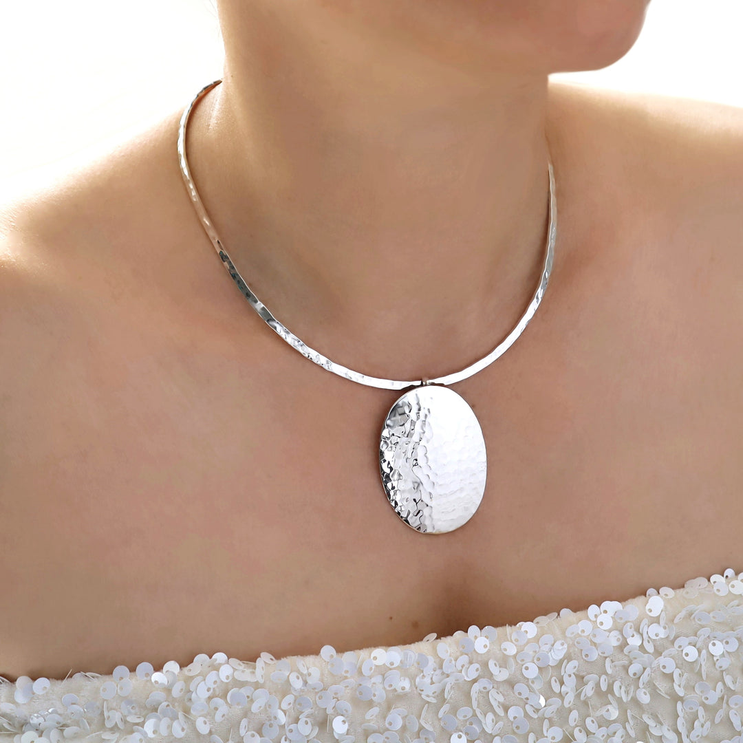 Silver Choker Necklace Torque Hammered Finish