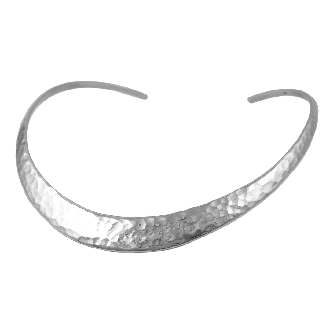 Hammered silver choker necklace on a white background
