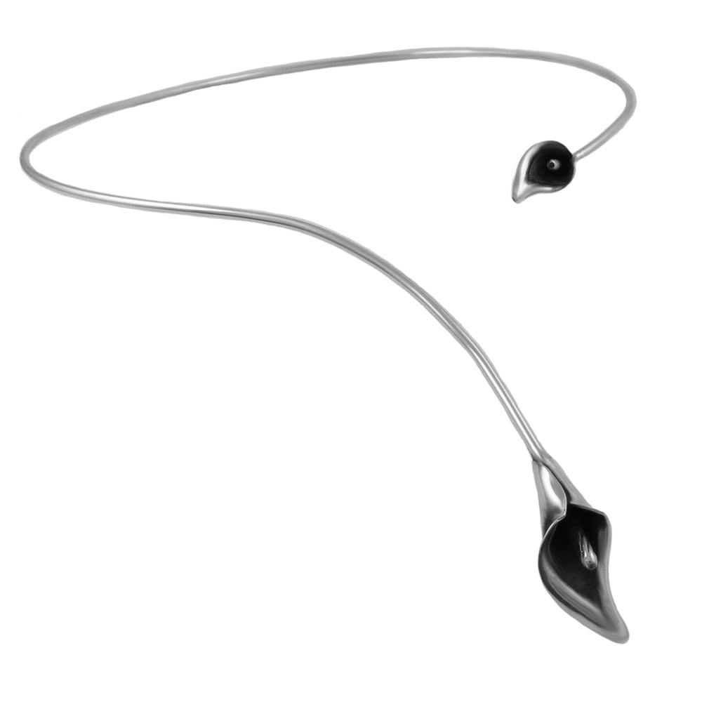 Silver choker necklace with calla lily flower accents on a white background