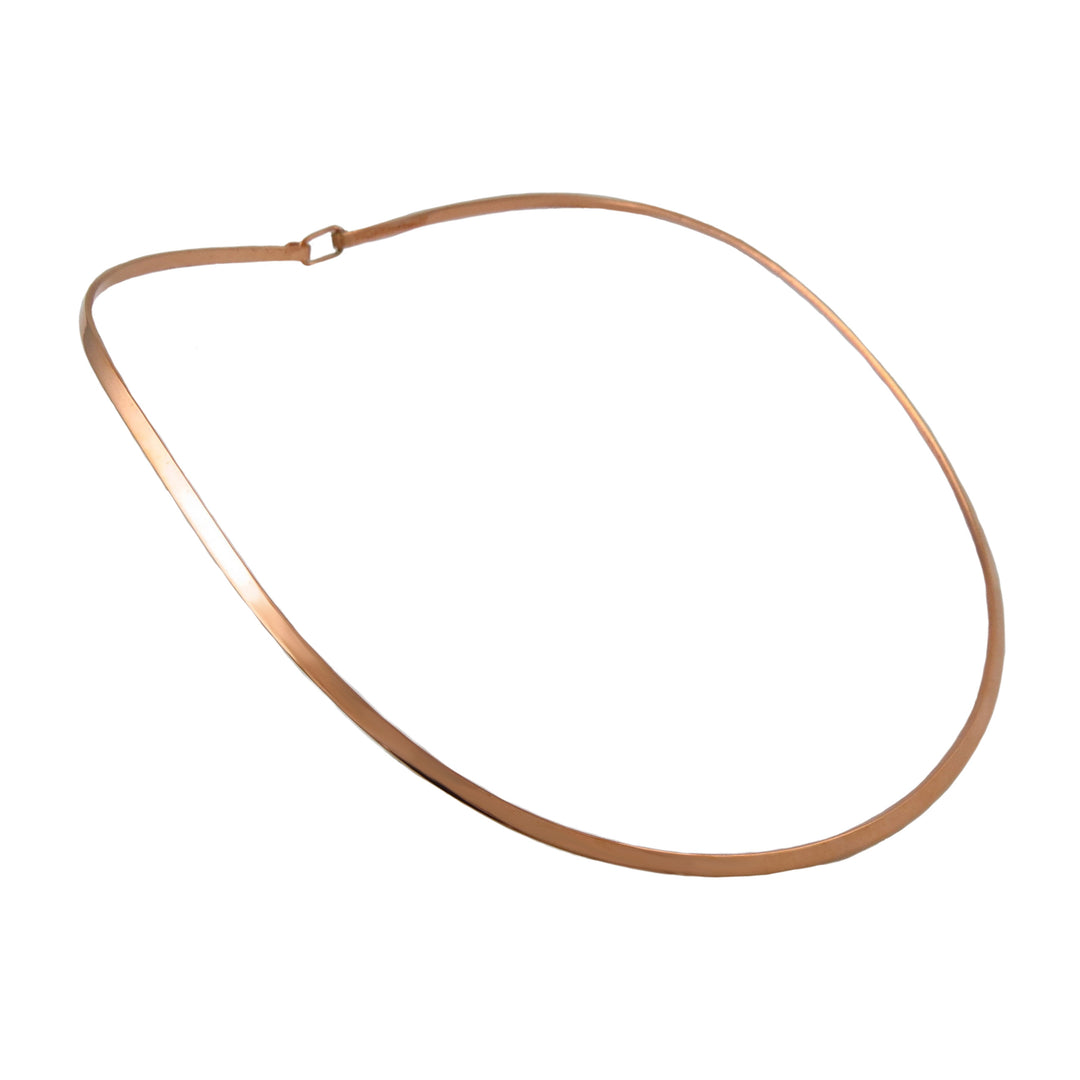 Solid copper choker necklace with a polished finish on a white background. 