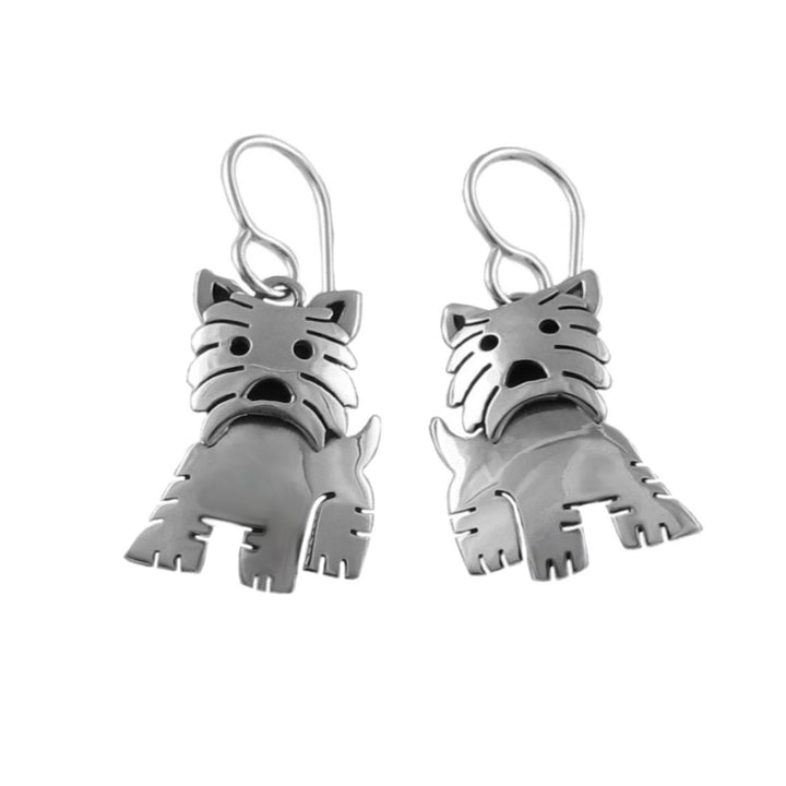 Pair of 925 sterling silver Yorkshire terrier dog earrings on a white background