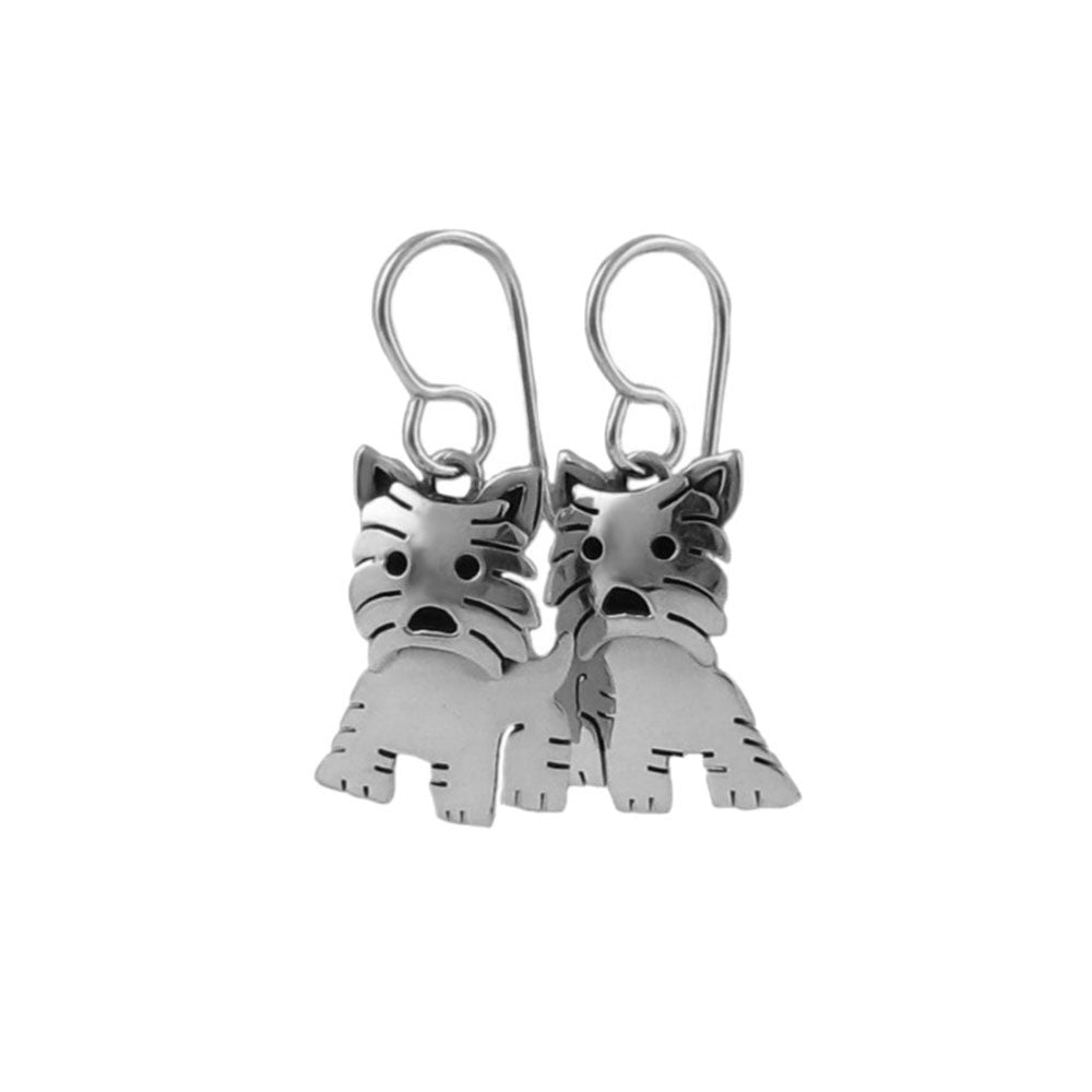 Solid 925 sterling silver terrier dog dangling earrings with hook faasteners for women on a white background