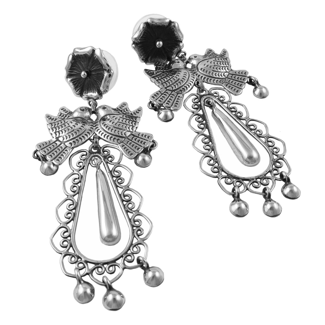 Maria Belen Taxco Handmade 925 Sterling Silver Love Bird Chandelier Earrings