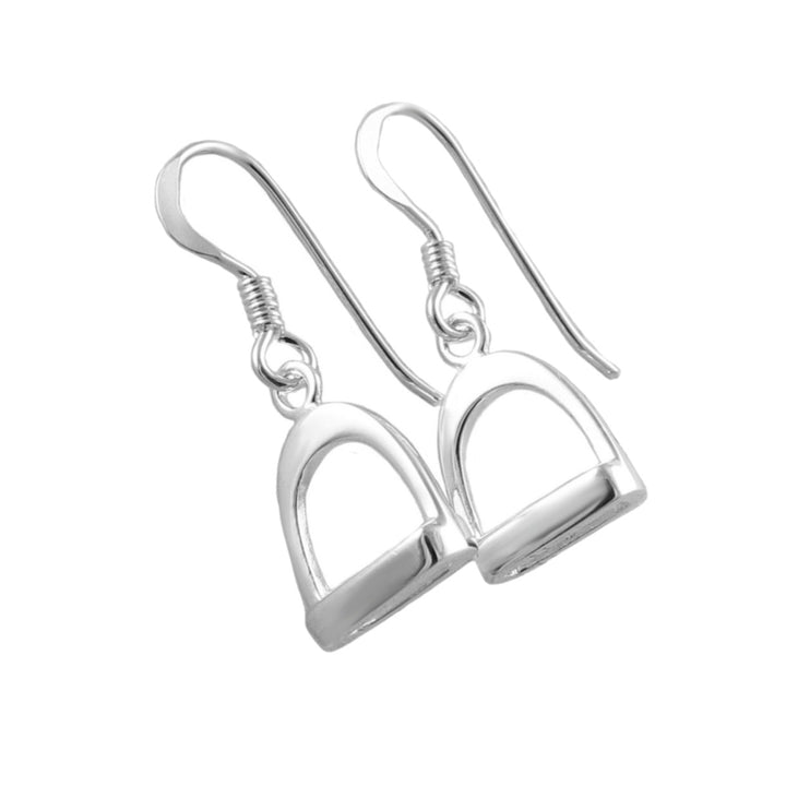 Pair of solid 925 sterling silver horse stirrup earrings on a white background