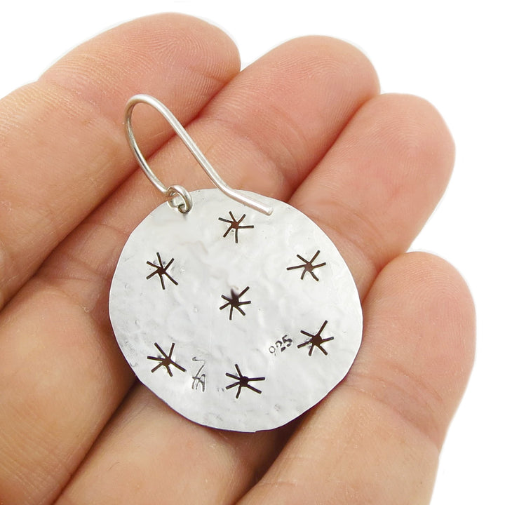 Starry Night Silver Circle Dangle Earrings - Handmade