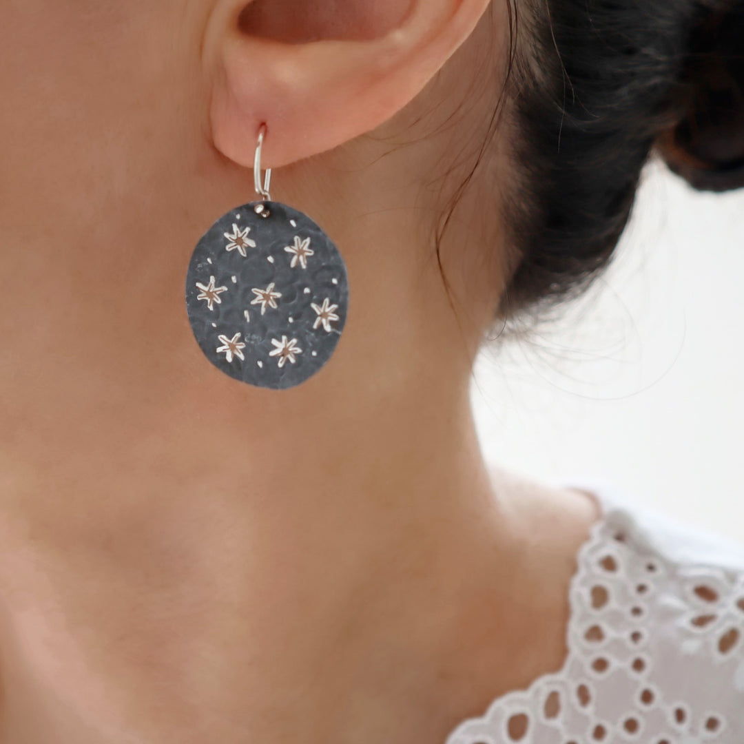 Starry Night Silver Circle Dangle Earrings - Handmade