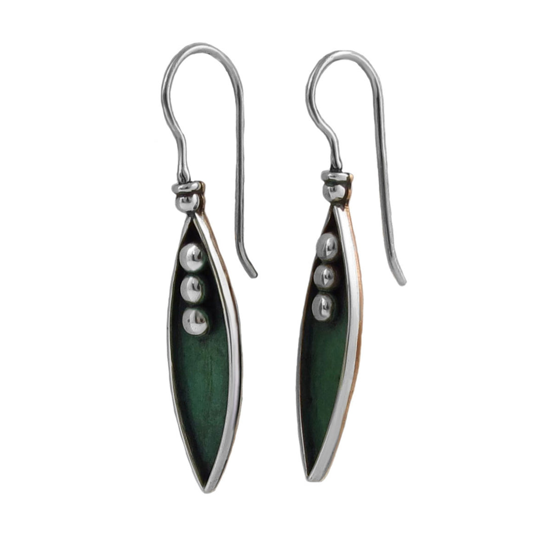 Pair of 925 silver and copper two tone drop earrings with peas in a pod design on a white background