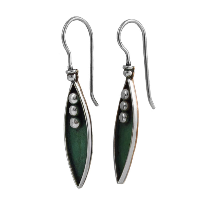 Pair of 925 silver and copper two tone drop earrings with peas in a pod design on a white background