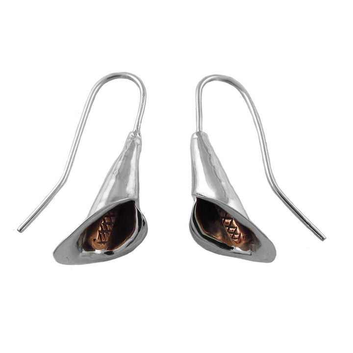 Silver calla lily flower earrings with copper accents on a white background