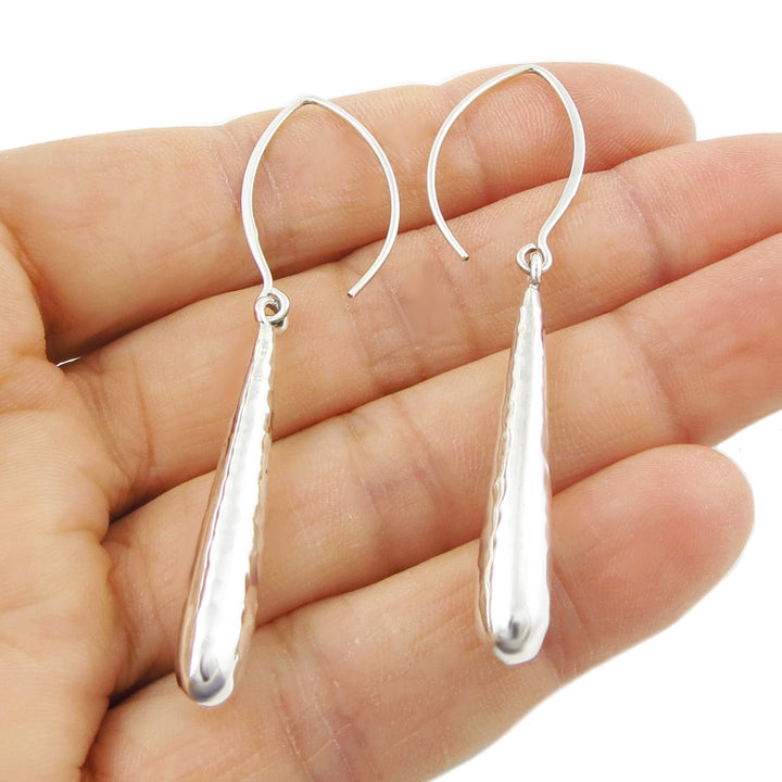 Long Hammered Sterling Silver Drop Earrings for Women