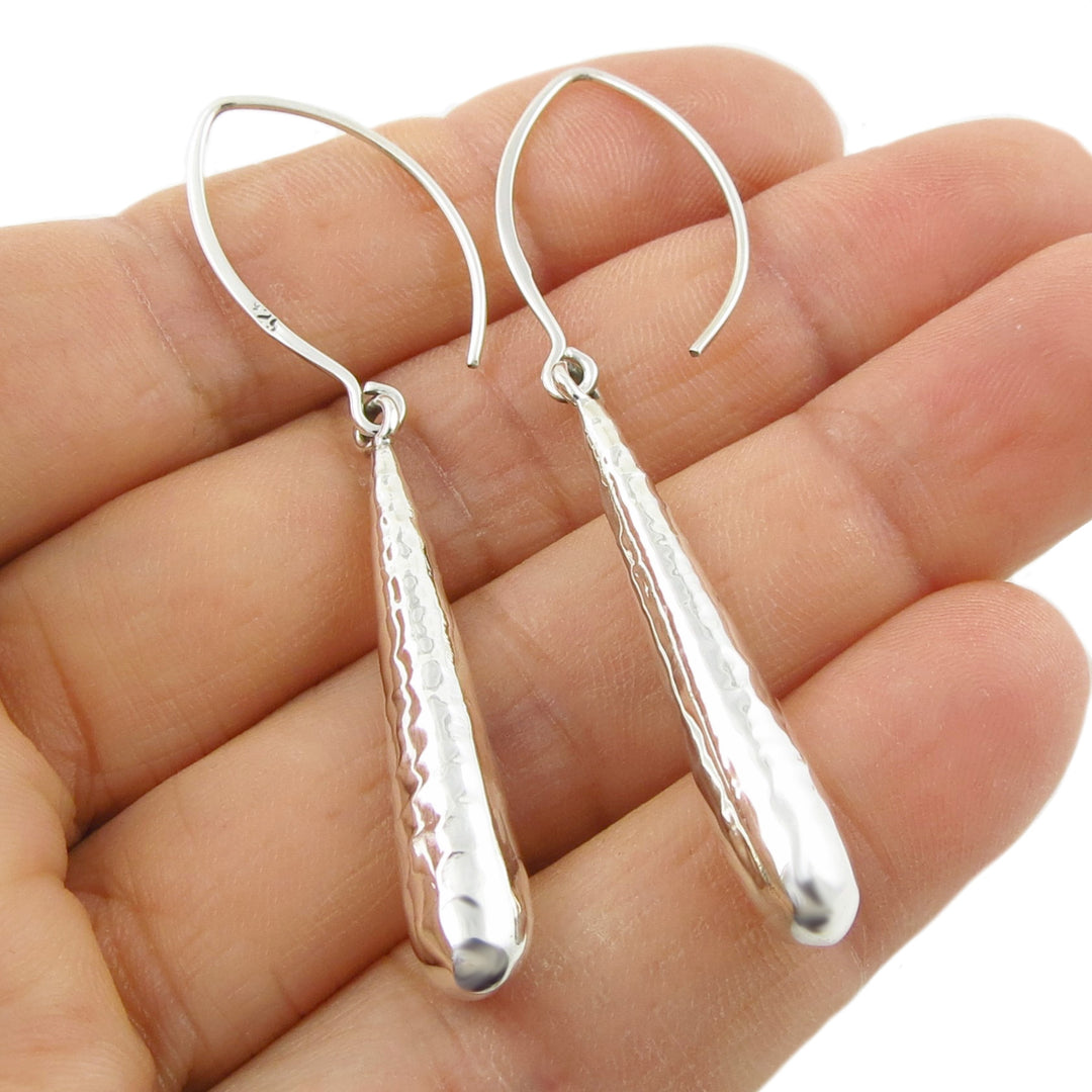 Long Hammered Sterling Silver Drop Earrings for Women