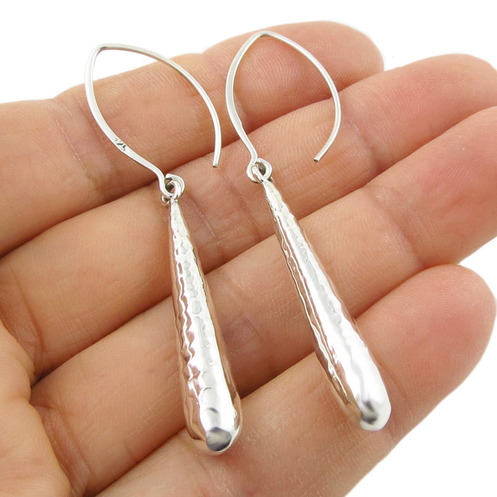 Long Hammered Sterling Silver Drop Earrings for Women