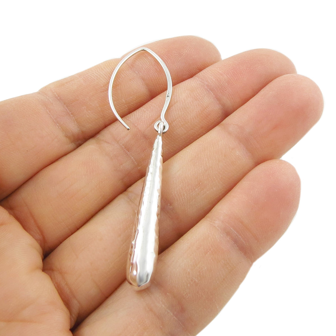 Long Hammered Sterling Silver Drop Earrings for Women