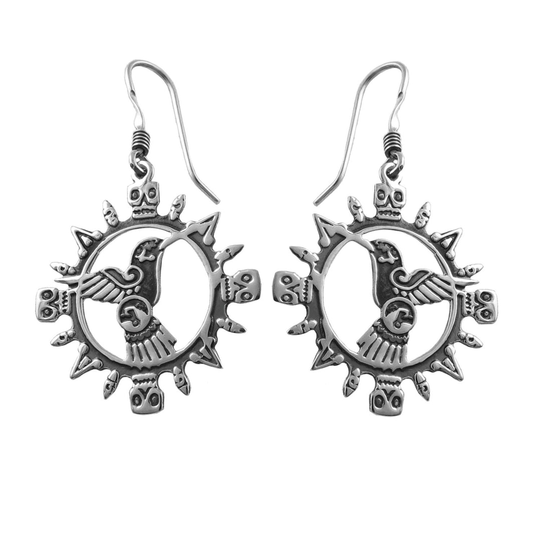 Pair of 925 sterling silver Aztec hummingbird earrings with intricate designs on a white background