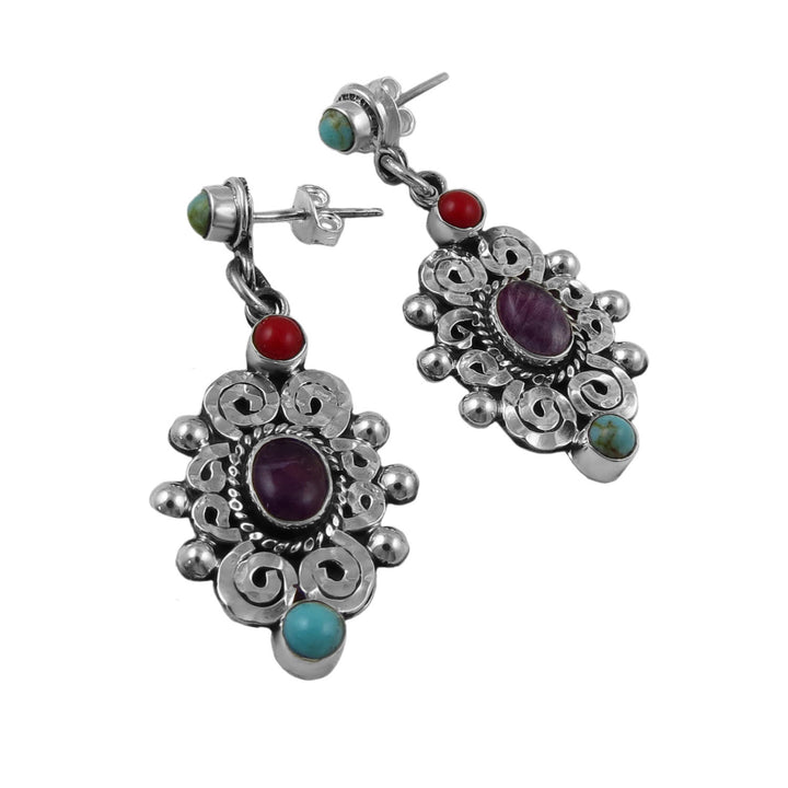 Large Baroque design 925 sterling silver earrings with amethyst and turquoise gemstones on a white background