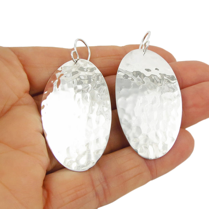 Large Oval 925 Sterling Silver Hammered Drop Earrings