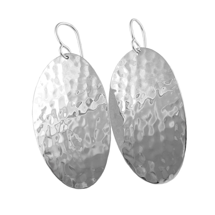 Large Oval 925 Sterling Silver Hammered Drop Earrings