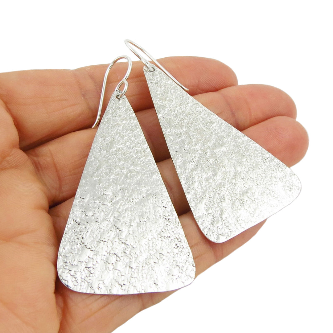 Large Triangle 925 Sterling Silver Hammered Drop Earrings