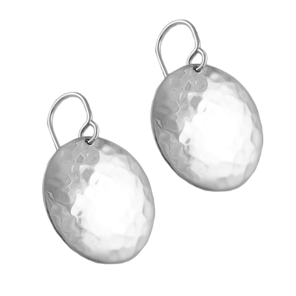 Curved sterling silver circle earrings with a lightly hand-hammered finish on a white background. 