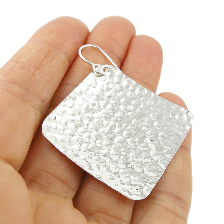 Large Handmade Square 925 Sterling Silver Hammered Drop Earrings