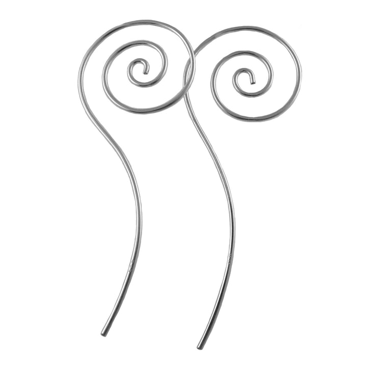 Long 925 sterling silver spiral pulll through earrings for women on a white background. 