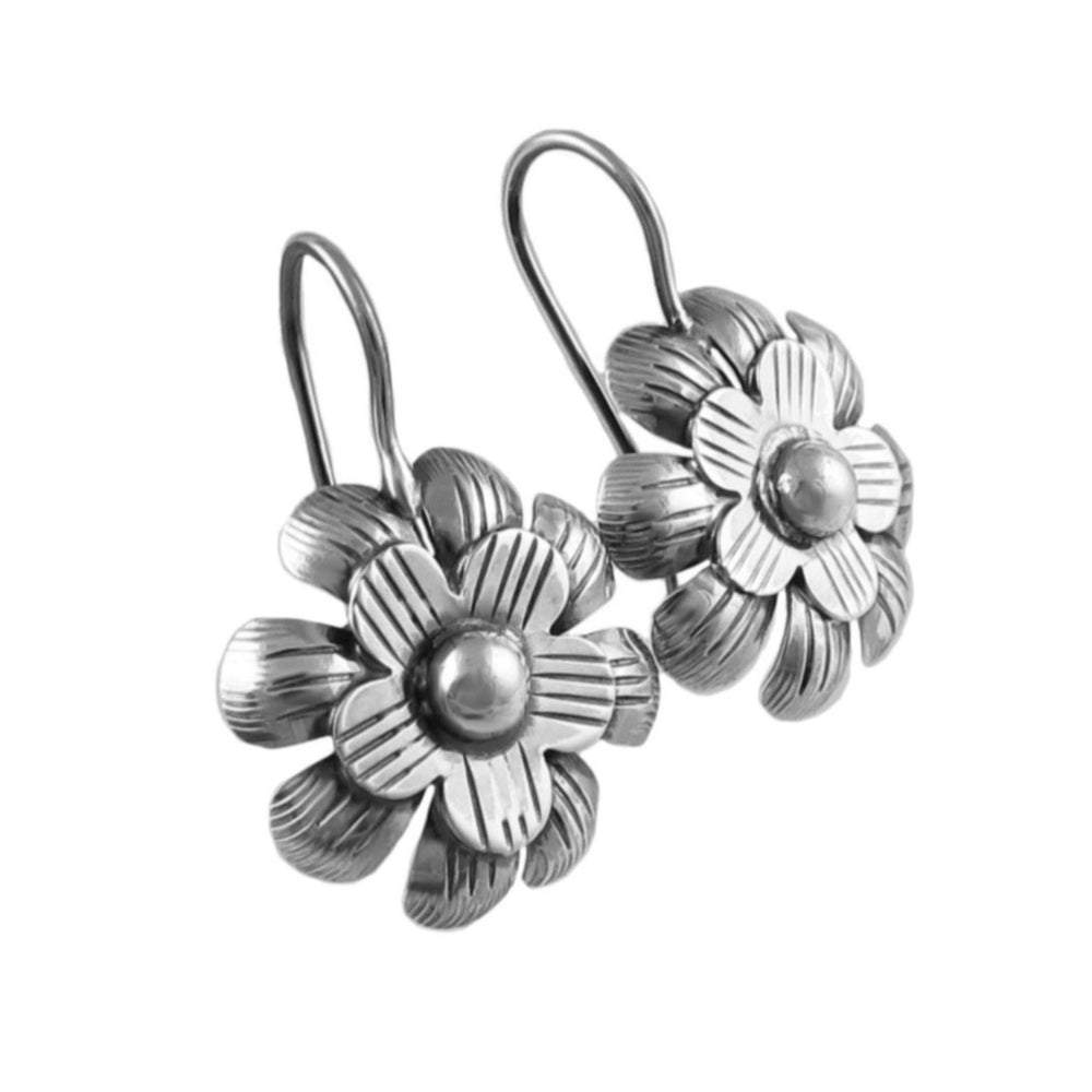 Pair of sterling 925 silver flower-shaped earrings on a white background