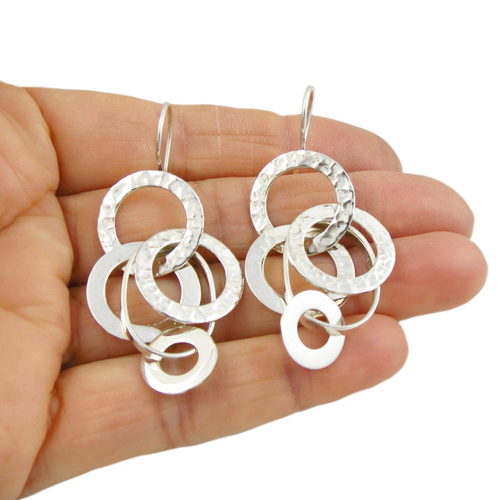 Long Sterling Silver Multi Circle Hoop Stack Earrings