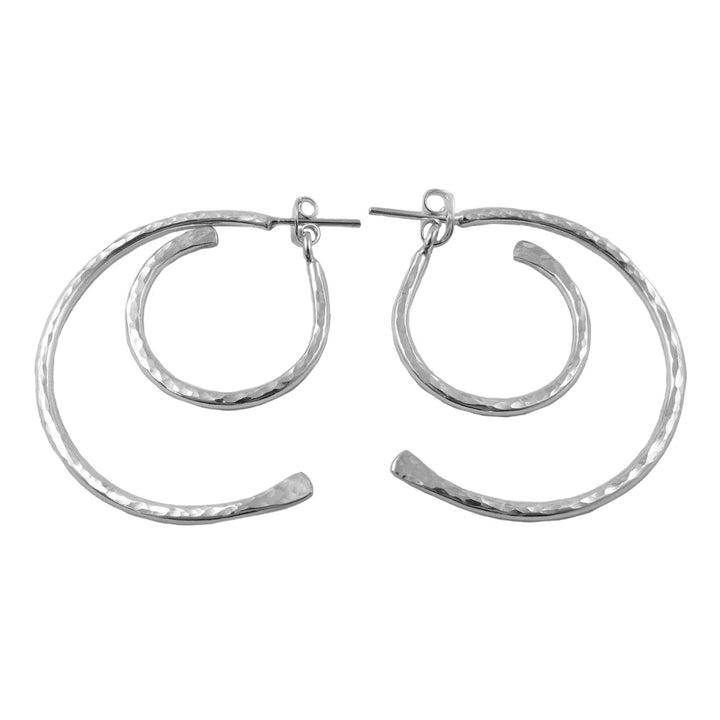 Pair of back and front hammered 925 Mexican silver hoop earrings on a white background