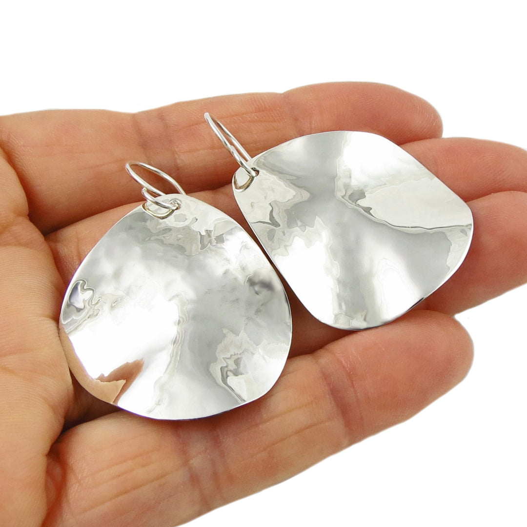 Large 925 Silver Hammered Drop Earrings
