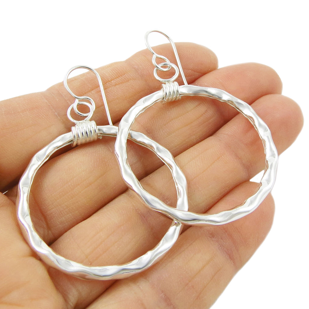 Handmade Circle 925 Sterling Silver Hammered Hoop Earrings