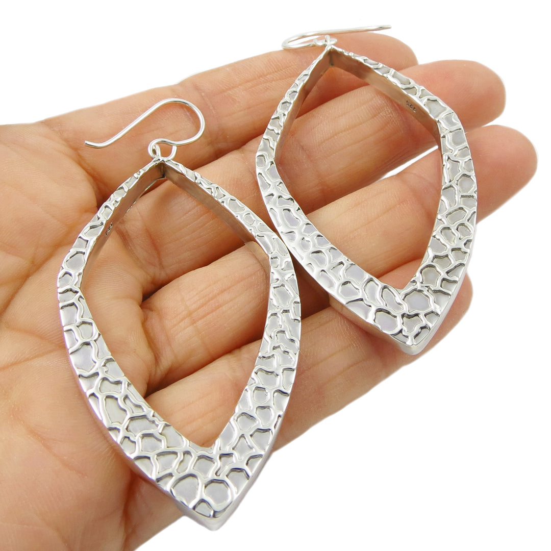 Long Sterling Silver Three Dimensional Hoop Earrings