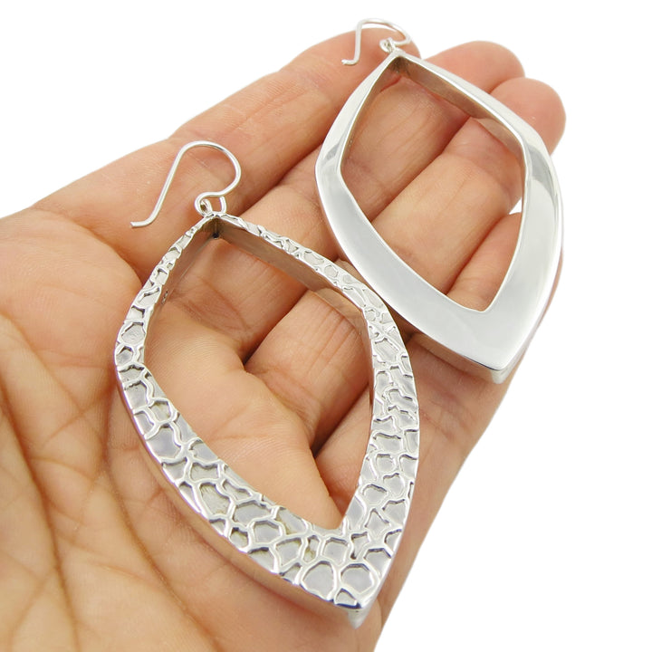 Long Sterling Silver Three Dimensional Hoop Earrings