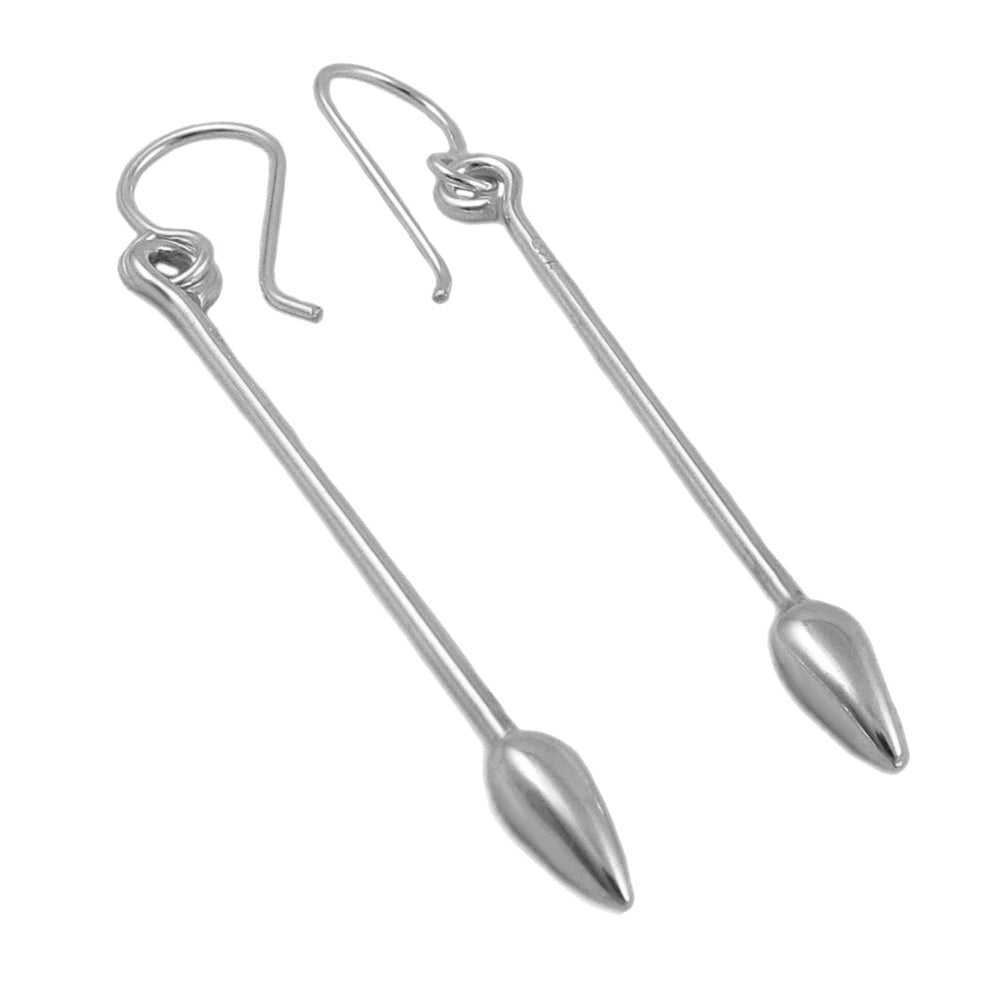 A pair of silver drop earrings with elongated teardrop-shaped pendants and fishhook ear wires, shown on a plain white background.
