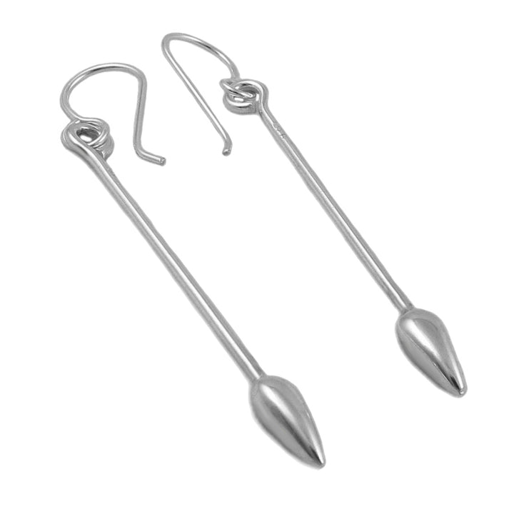 A pair of silver drop earrings with elongated teardrop-shaped pendants and fishhook ear wires, shown on a plain white background.