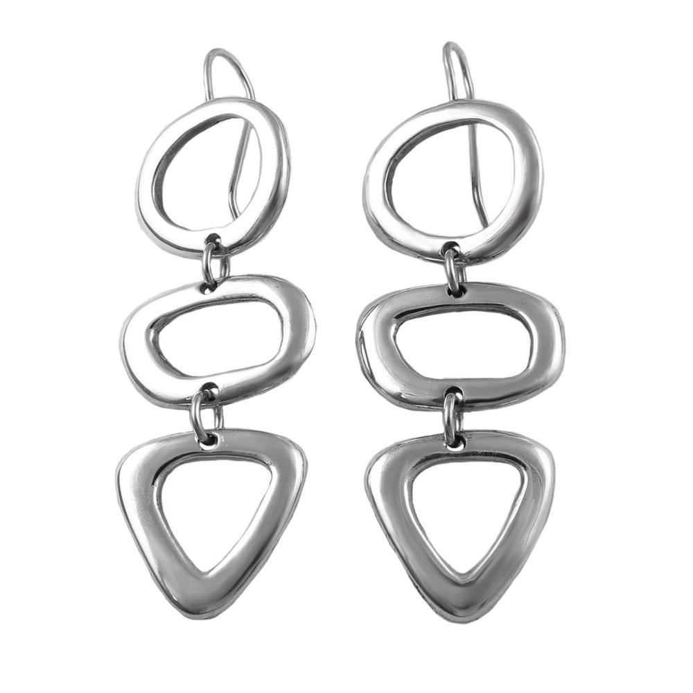 Pair of silver earrings with geometric designs on a white background