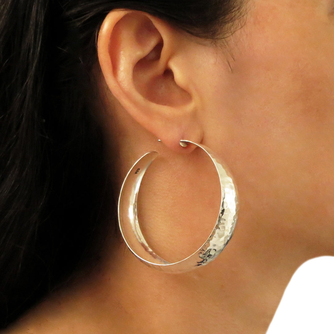 Large Sterling Silver Hand Hammered Circle Hoop Earrings for Women