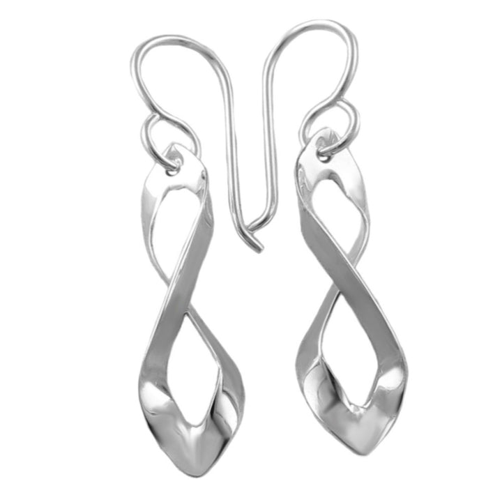 Long figure of eight drop earrings handmade from solid 925 silver on a white background