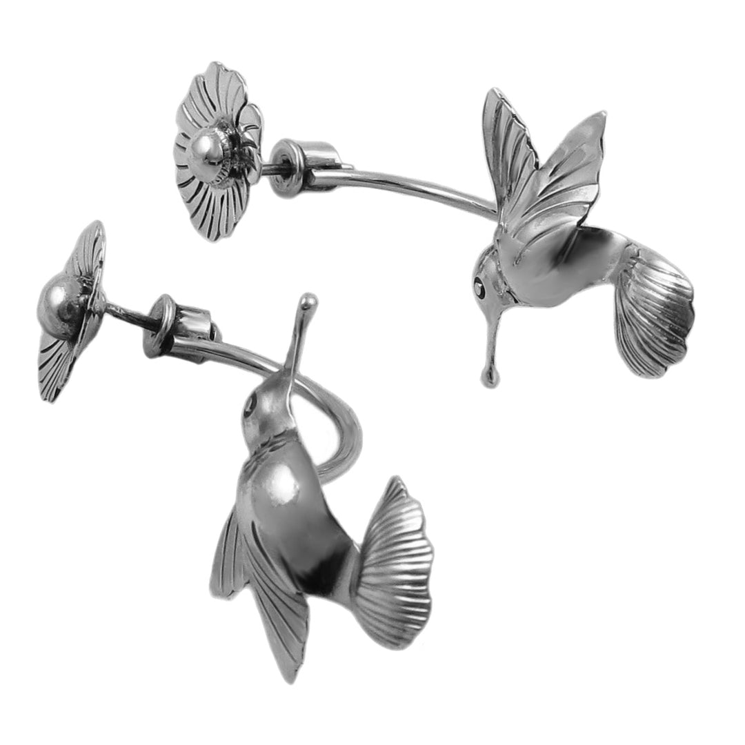 Long 925 Sterling Silver Hummingbird and Flower Drop Earrings