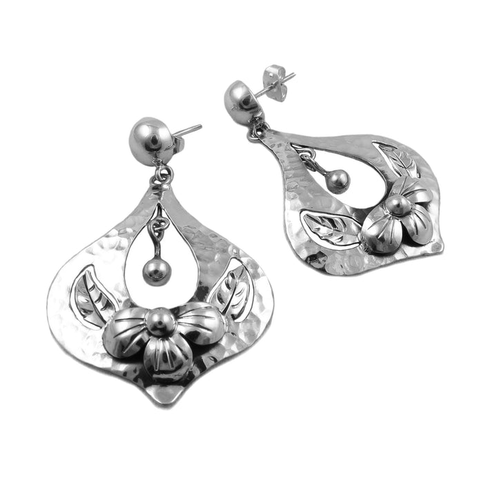 Wide Flower 925 Sterling Silver Hammered Earrings