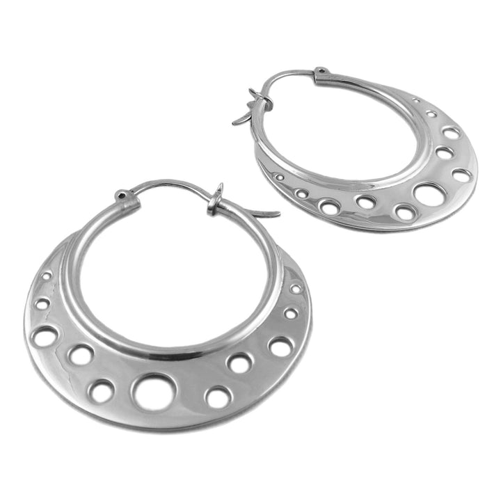 A pair of large 925 sterling silver circle creole hoop earrings with cut-out circles on the crescent, displayed against a white background.