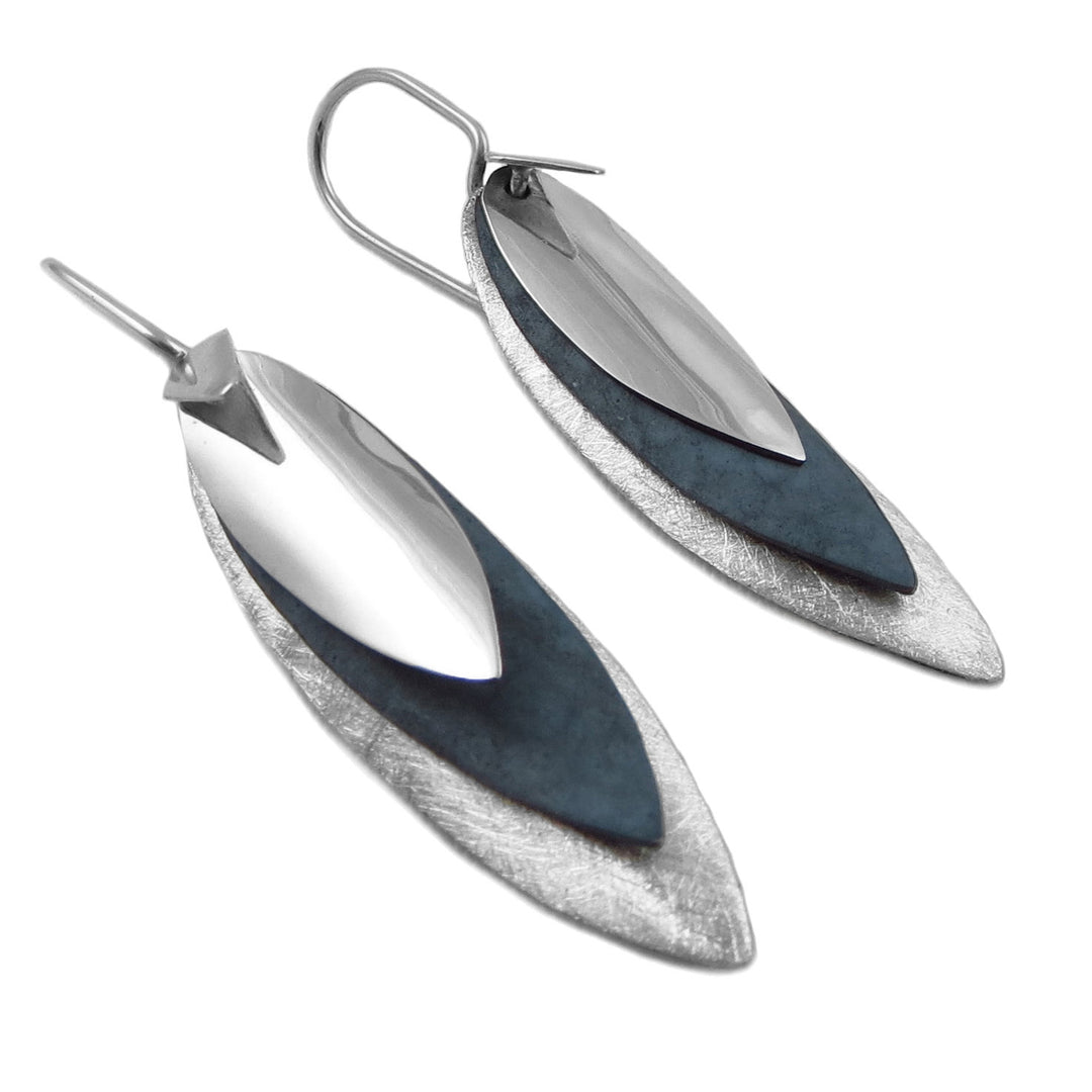 A pair of modern 925 silver dangle earrings with a polished outer layer, a brushed silver centre layer, and a dark charcoal gray inner layer, shown on a plain white background.