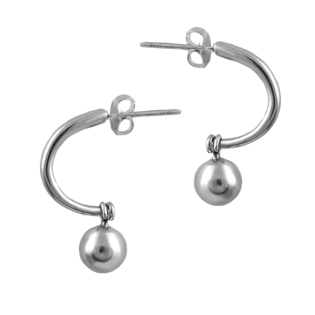 925 silver half hoop earrings with spherical ball bead charms on a white background