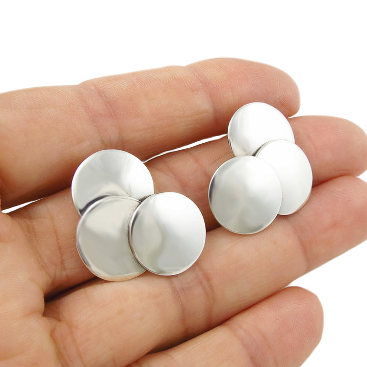 Solid 925 Sterling Silver Triple Circle Disc Earrings